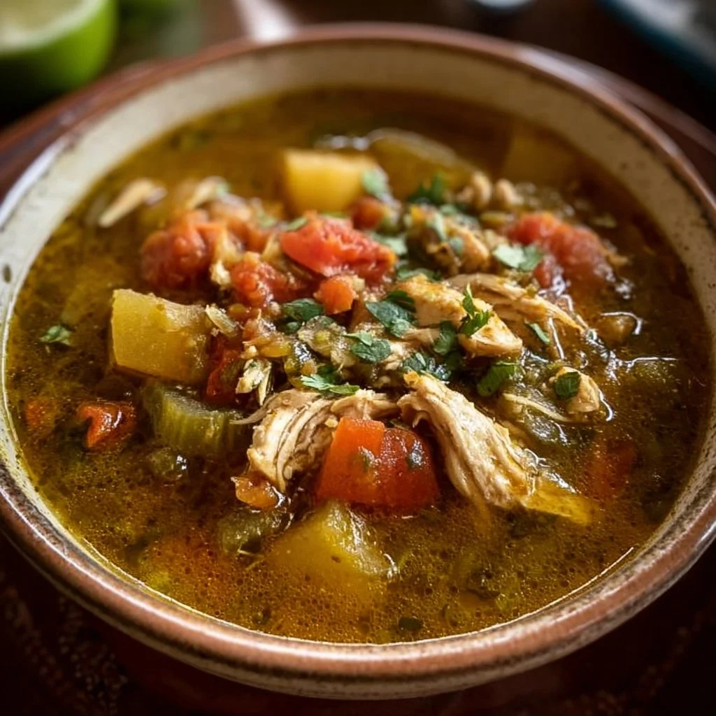 Bowl of Green Chile Chicken Stew with fresh ingredients and spices