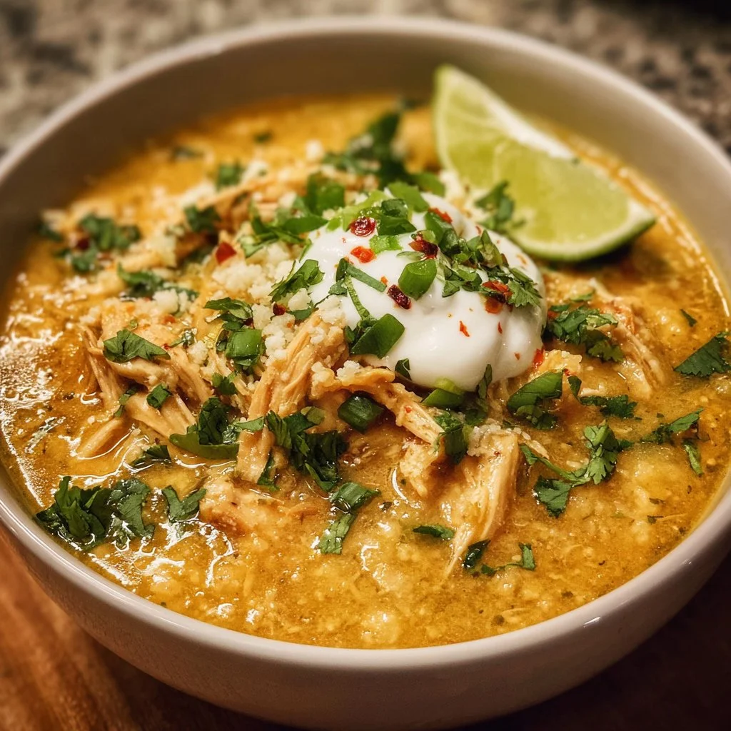 High-protein white chicken chili served in a bowl with toppings.