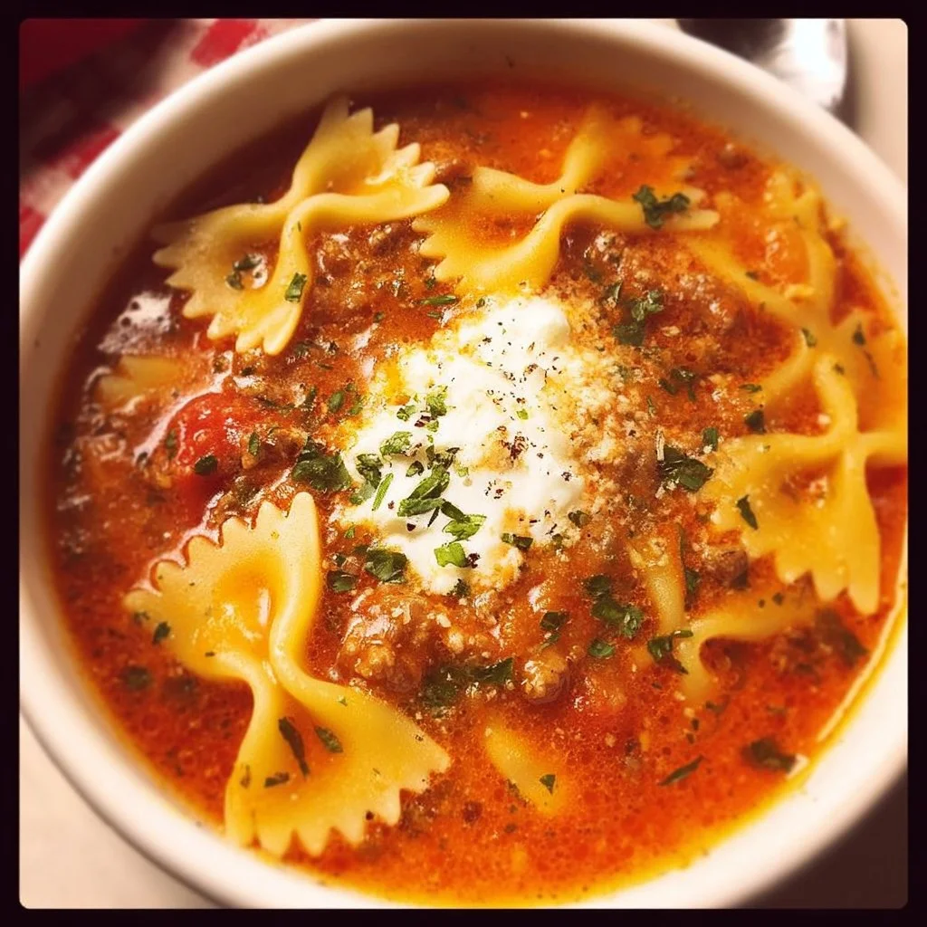 Delicious homemade lasagna soup featuring bow tie pasta and rich flavors.