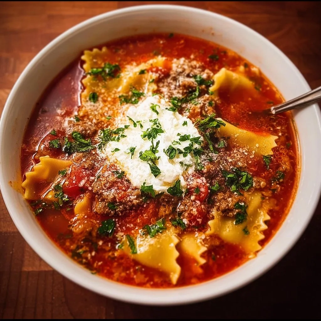 Bowl of Italian Lasagna Soup with fresh herbs and melted cheese