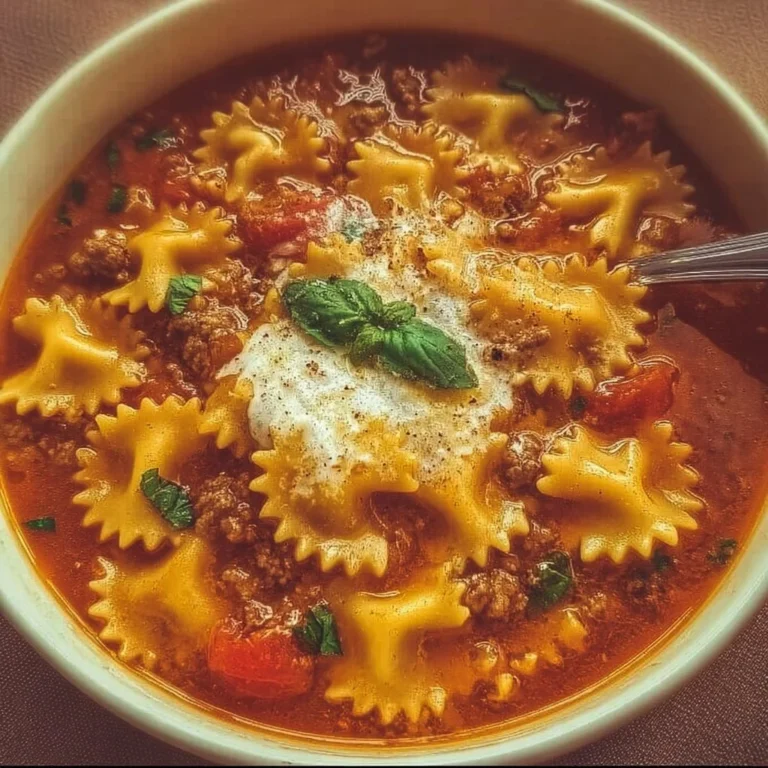 Bowl of delicious Lasagna Soup with cheese and herbs