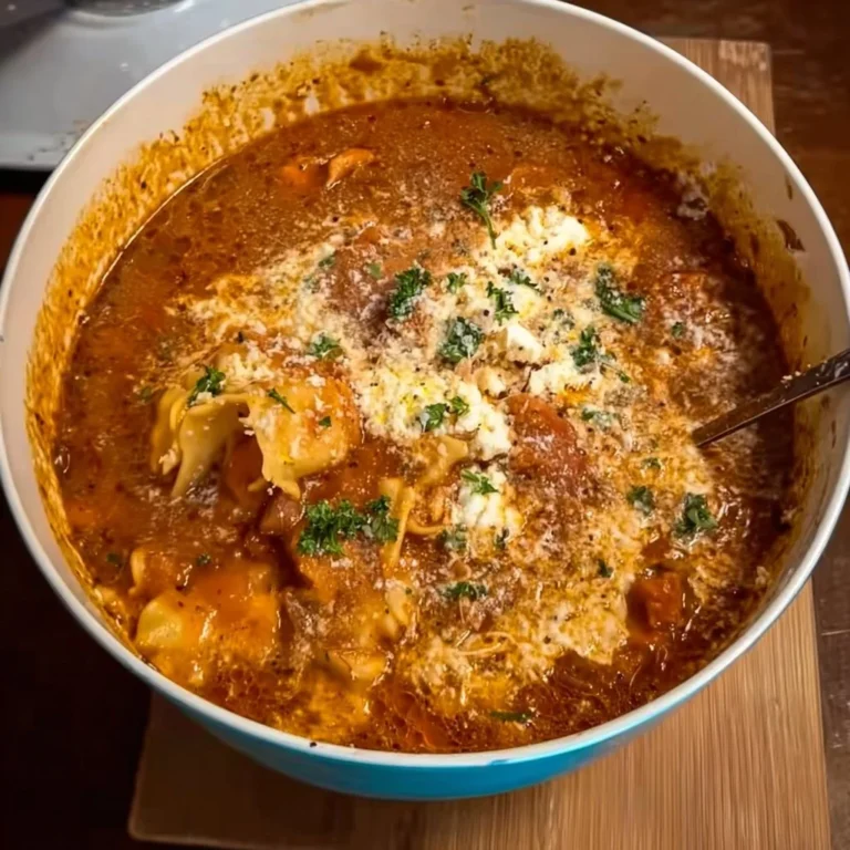 Bowl of hearty lasagna soup topped with cheese and Italian herbs.