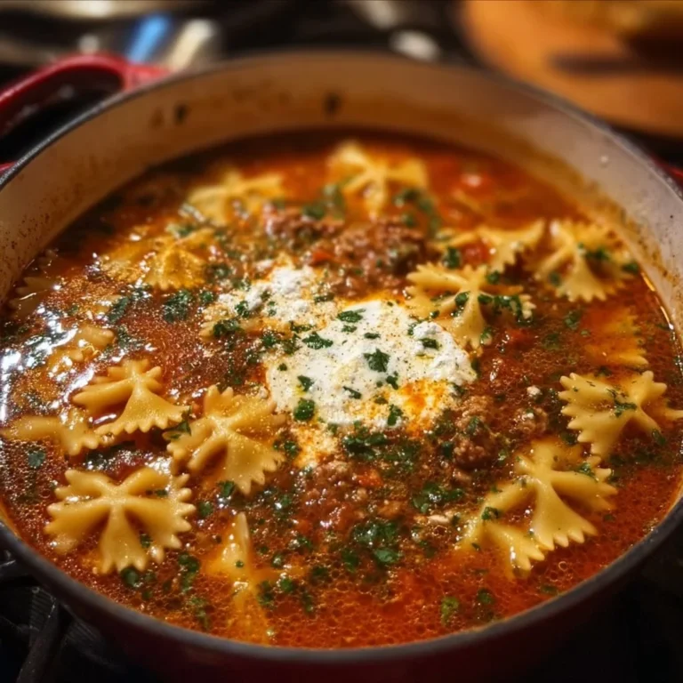 Delicious bowl of lasagna soup topped with cheese and herbs