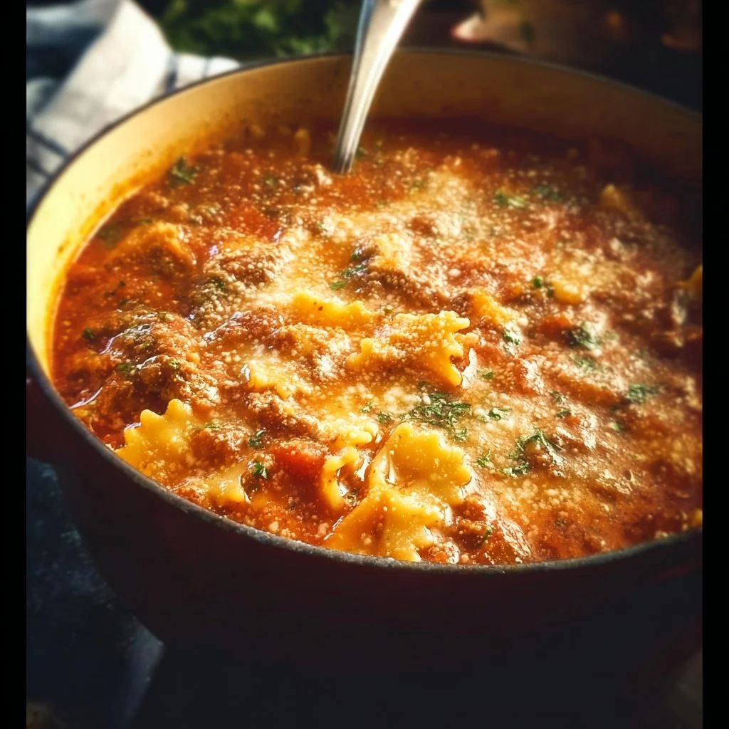 A warm bowl of lasagna soup topped with melted cheese and fresh basil.