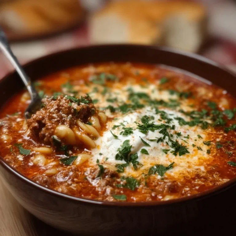 Delicious bowl of homemade lasagna soup garnished with cheese and herbs.