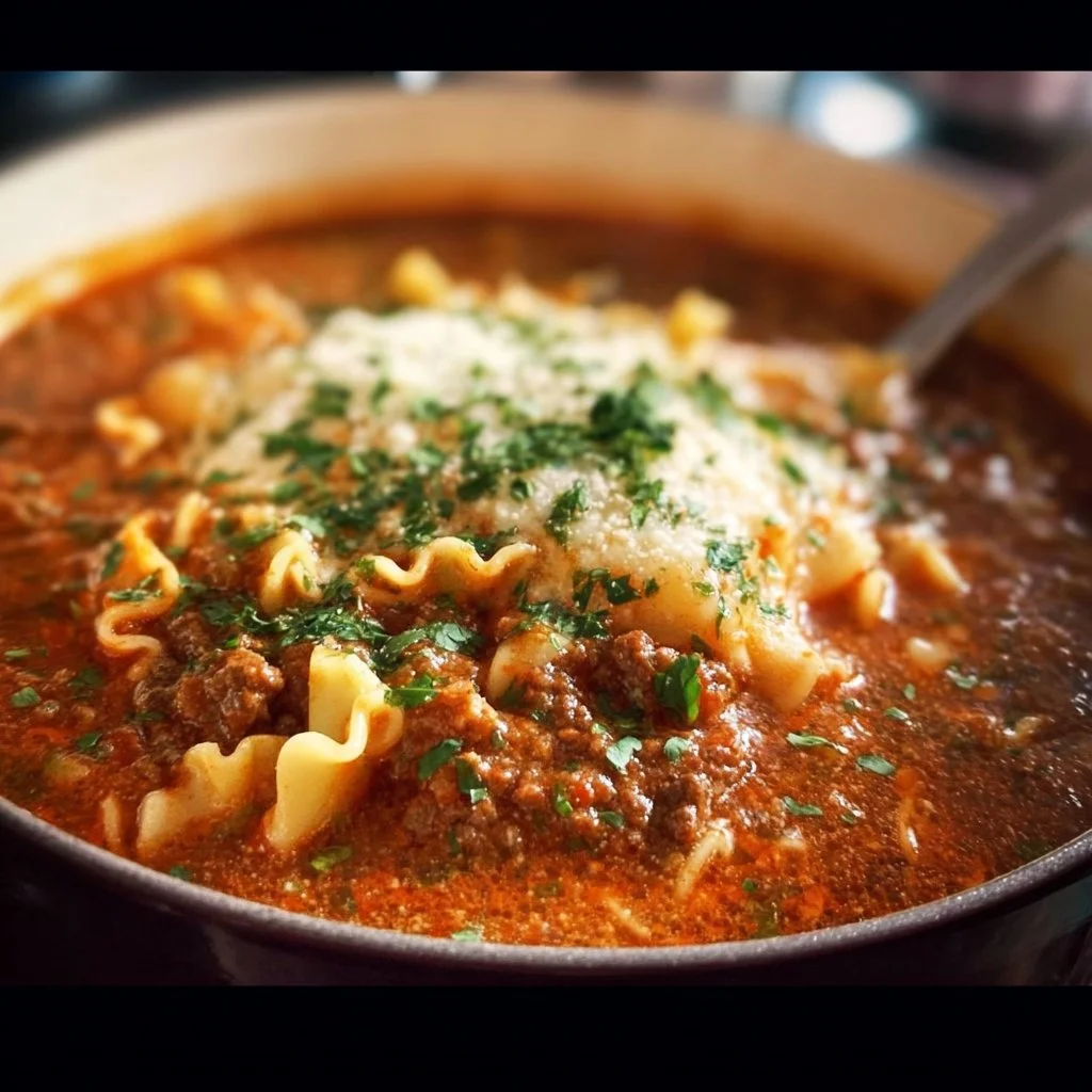 Bowl of hearty lasagna soup topped with cheese and fresh herbs