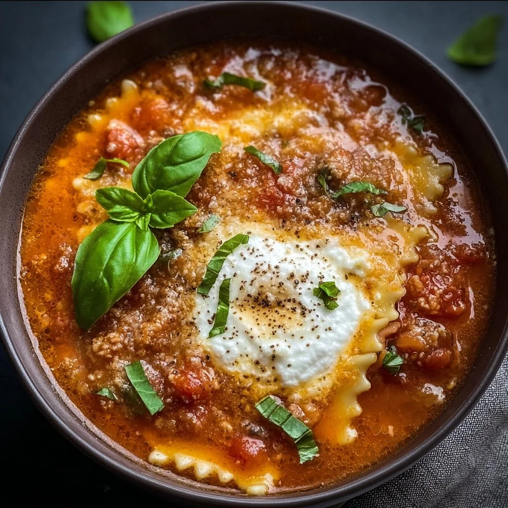 Delicious bowl of lasagna soup topped with ricotta cheese and herbs