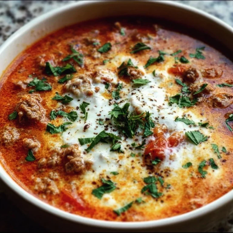 Low Carb Lasagna Soup served in a bowl with herbs and cheese topping