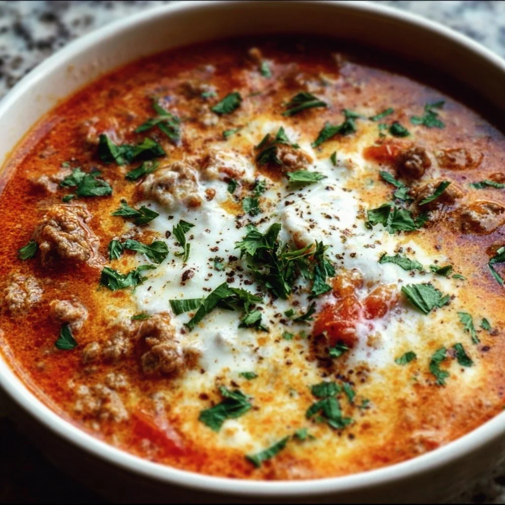 Low Carb Lasagna Soup served in a bowl with herbs and cheese topping
