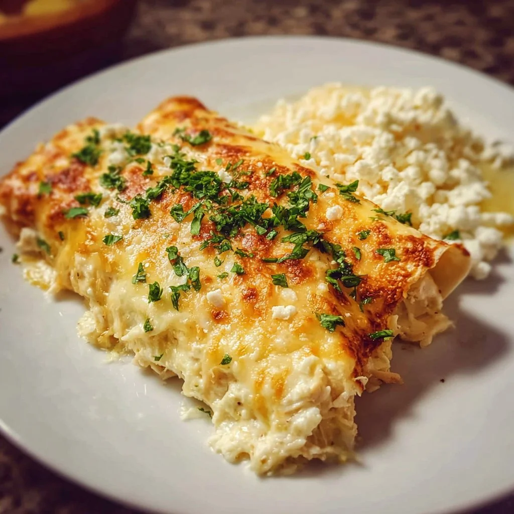 Delicious low carb white chicken enchiladas topped with creamy sauce and cheese