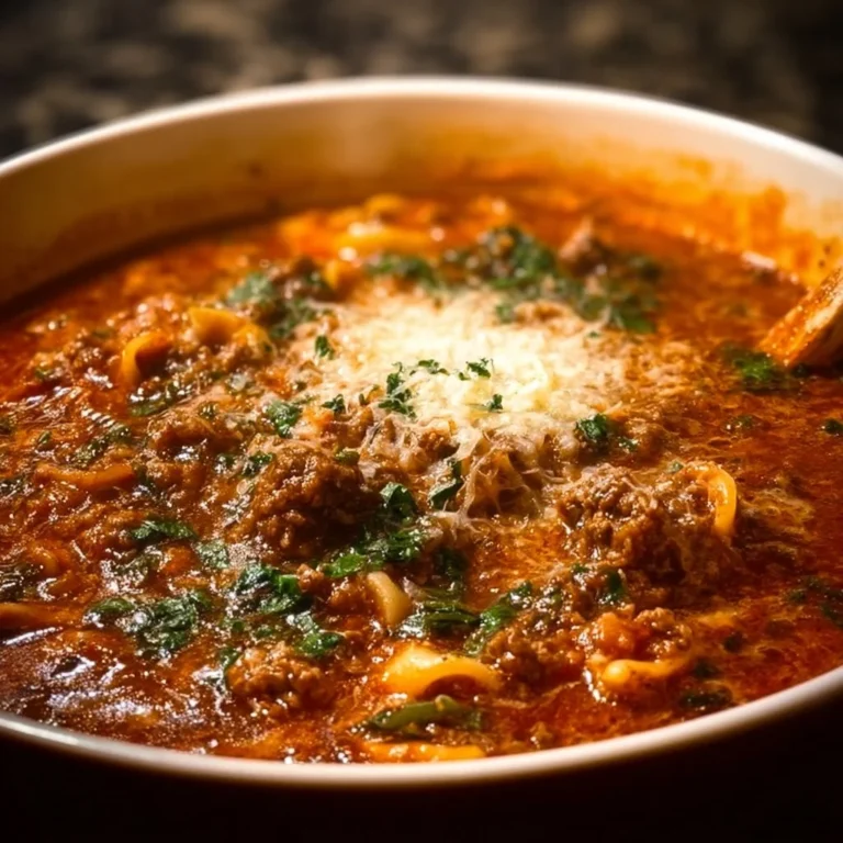 Delicious one pot lasagna soup topped with cheese and fresh herbs