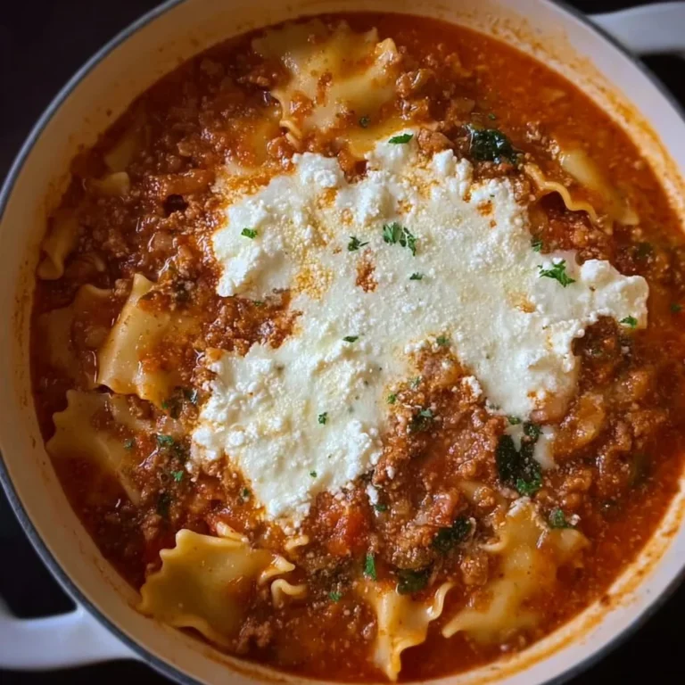 Delicious one-pot lasagna soup served in a bowl with toppings.