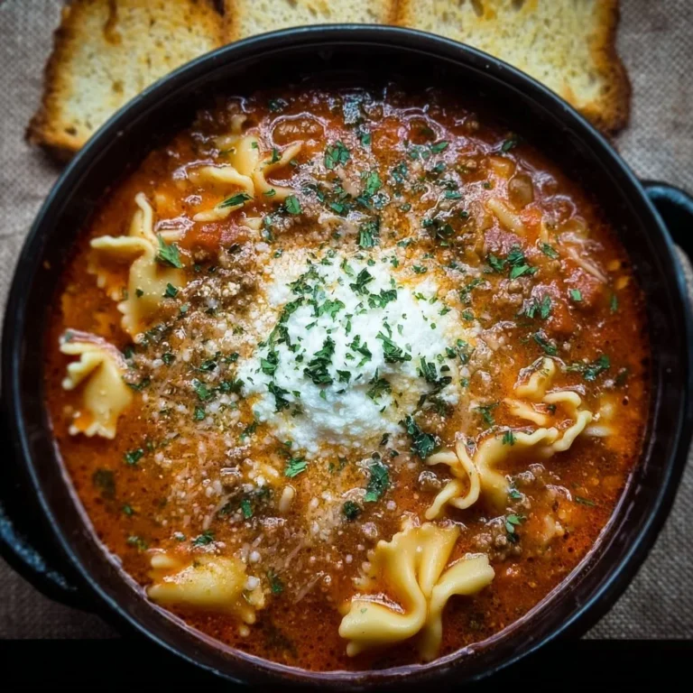 One-Pot Lasagna Soup with cheese, pasta, and fresh herbs in a bowl