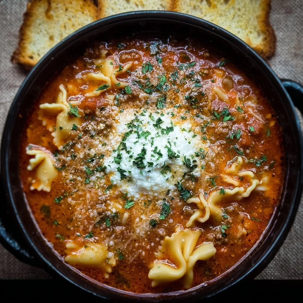 One-Pot Lasagna Soup with cheese, pasta, and fresh herbs in a bowl