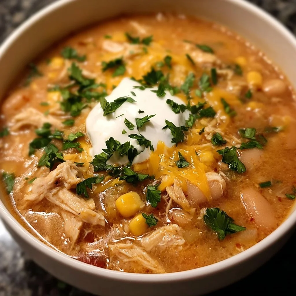 Bowl of slow cooker chicken chili with garnishes