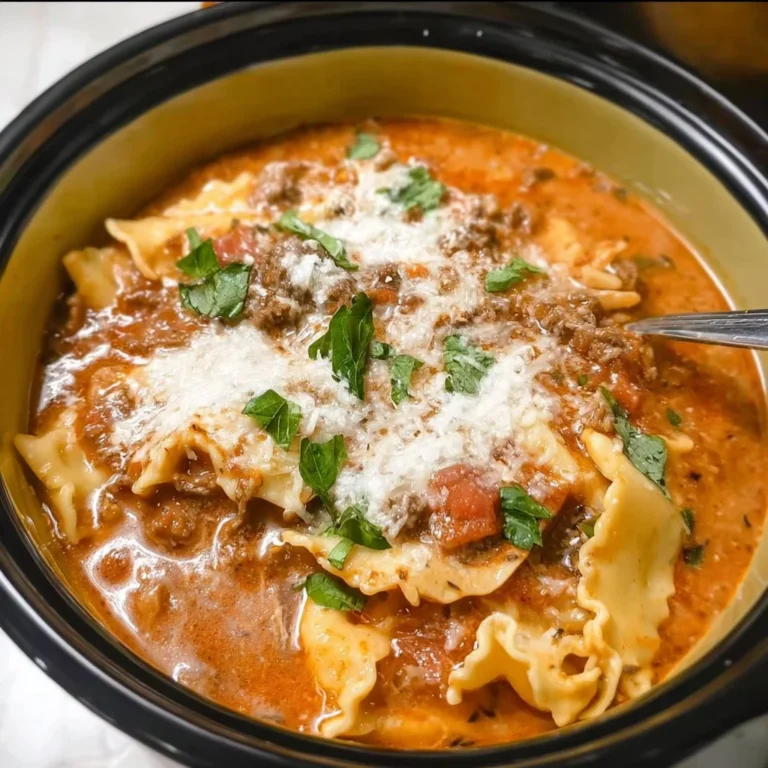 A bowl of slow cooker lasagna soup topped with cheese and herbs