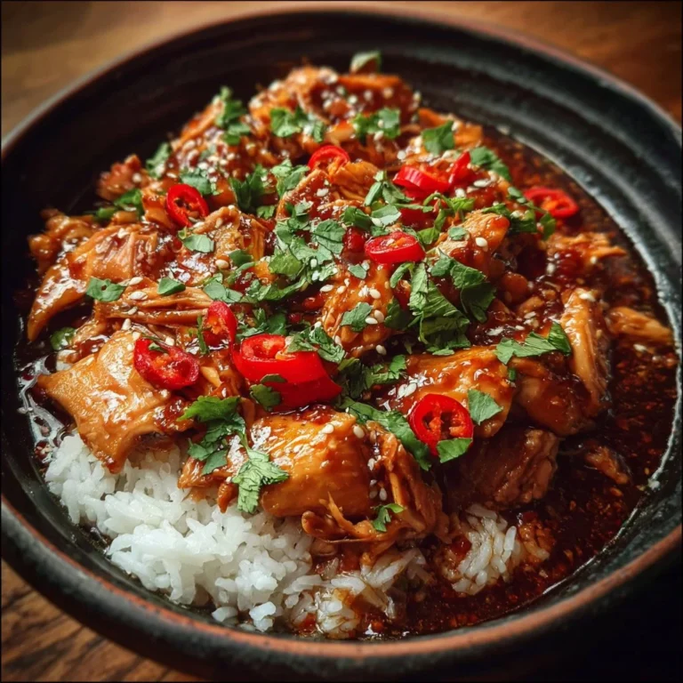 Delicious slow cooker sweet chili chicken served with rice and vegetables.