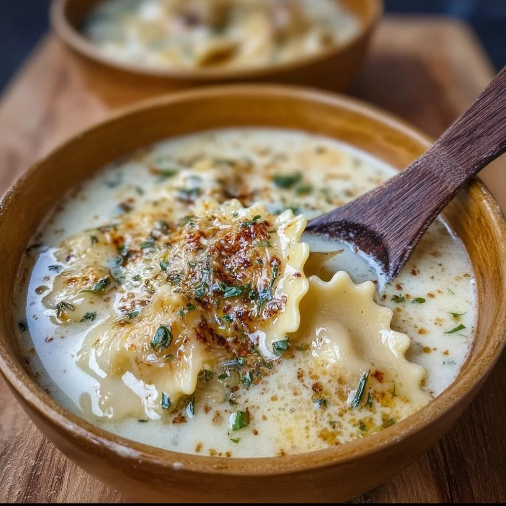 Bowl of creamy white lasagna soup prepared in a slow cooker.