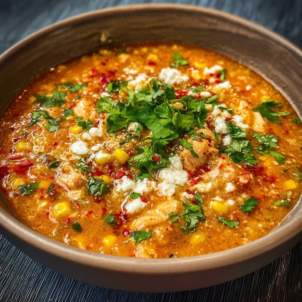 Delicious Street Corn Chicken Chili garnished with fresh ingredients