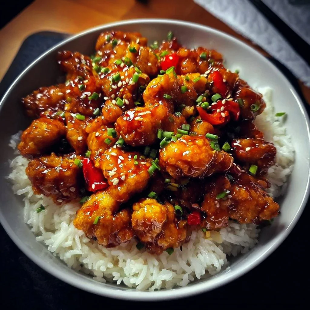 Delicious sweet chili chicken dish garnished with fresh herbs and served with rice