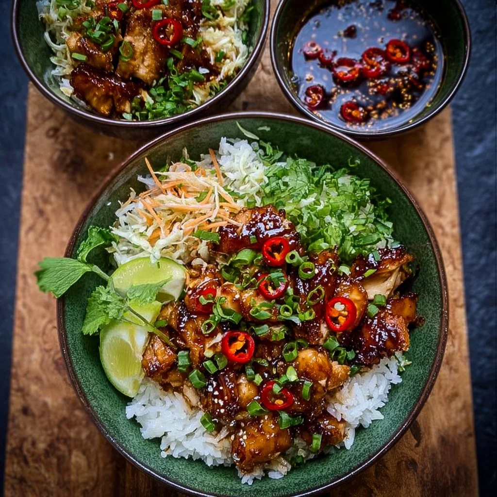 Sweet Chili Chicken Rice Bowl with vibrant vegetables and a tasty sauce