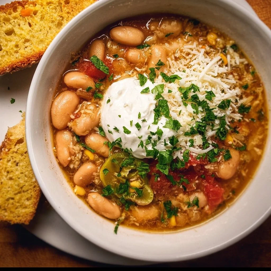 Delicious bowl of White Bean Chili topped with fresh herbs and served with bread