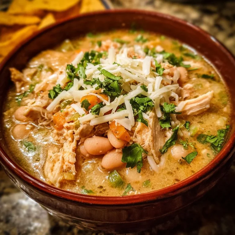 Bowl of delicious White Chicken Chili topped with cilantro and sour cream