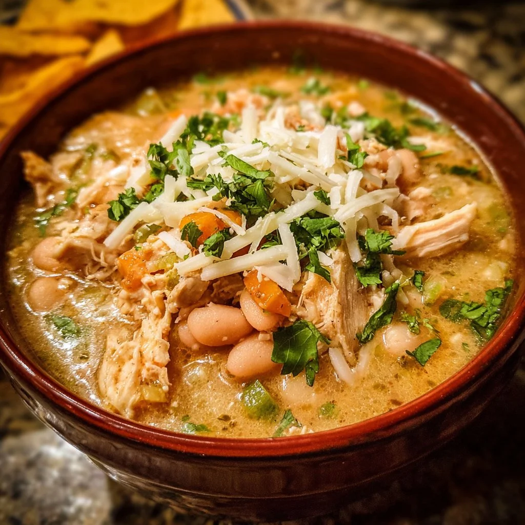 Bowl of delicious White Chicken Chili topped with cilantro and sour cream
