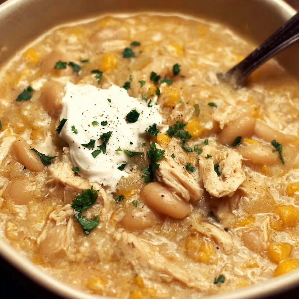 Delicious bowl of white chicken chili topped with fresh cilantro and avocado