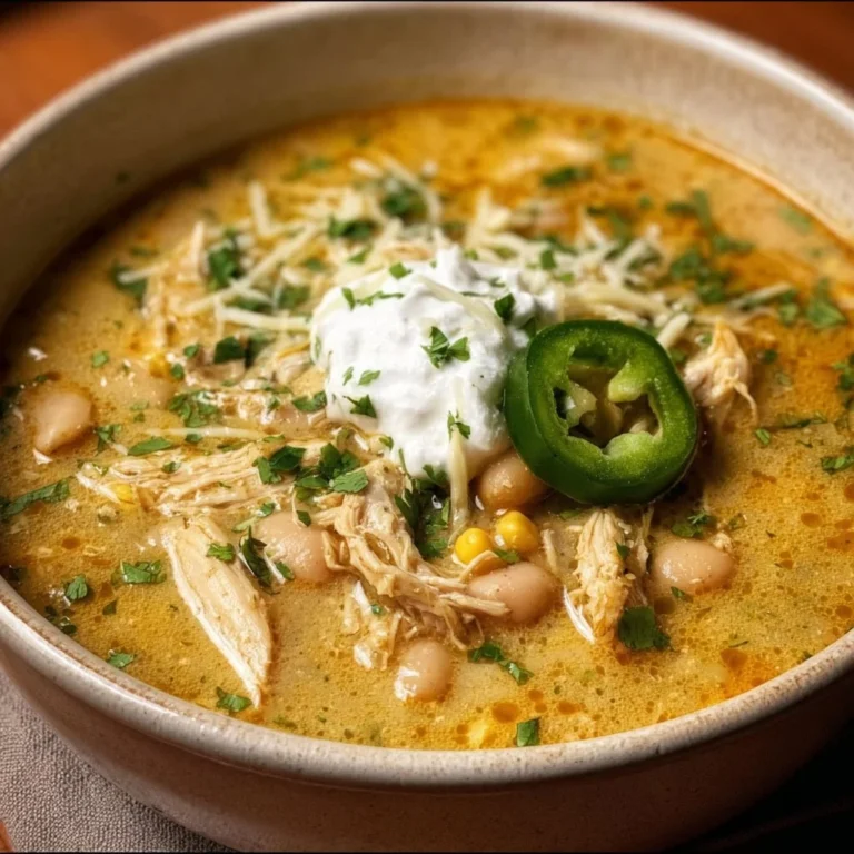 A bowl of white chicken chili garnished with cilantro and avocado slices