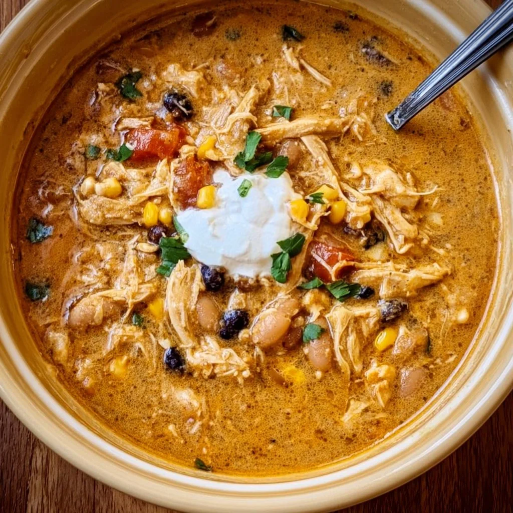 Bowl of creamy White Chicken Chili with ingredients like chicken and cream cheese
