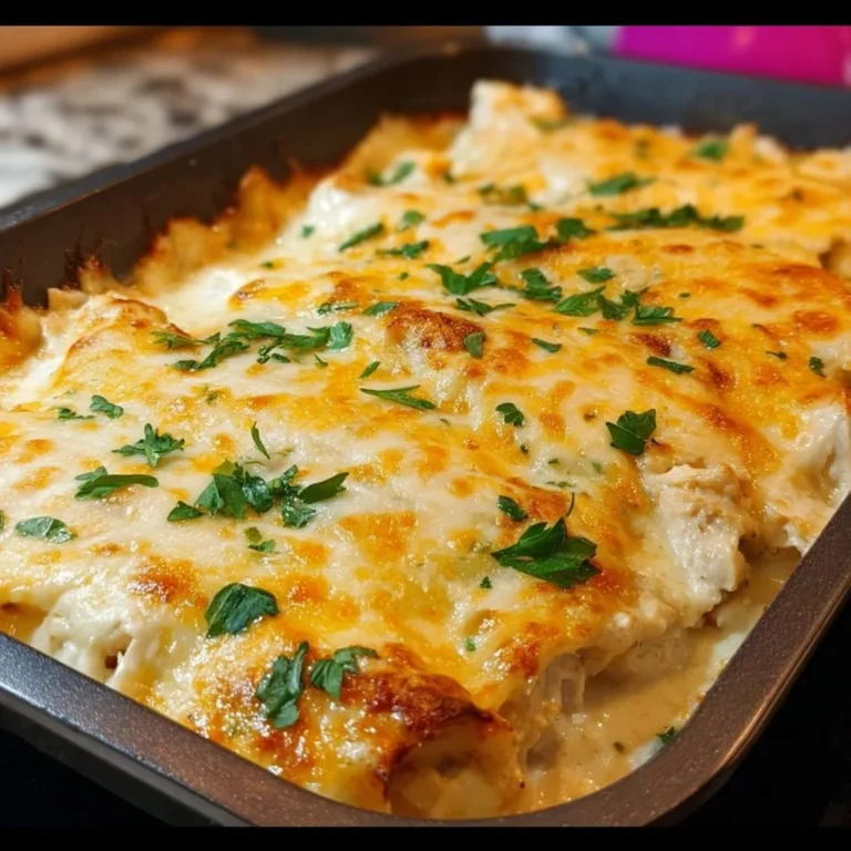 White chicken enchilada casserole topped with cheese and cilantro in a baking dish