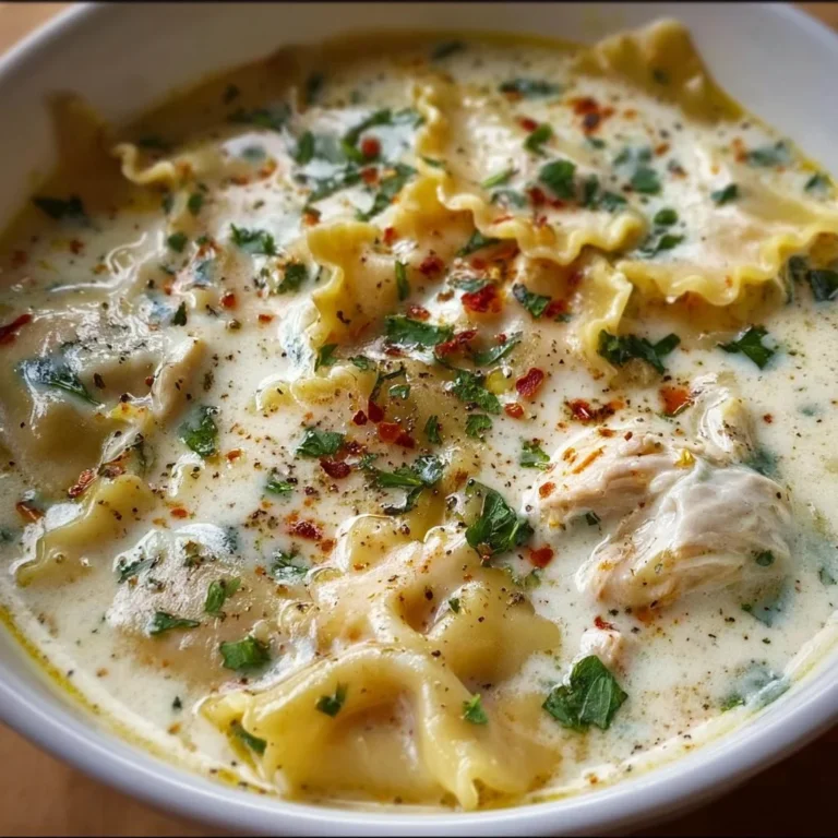 Bowl of White Lasagna Soup topped with cheese and herbs