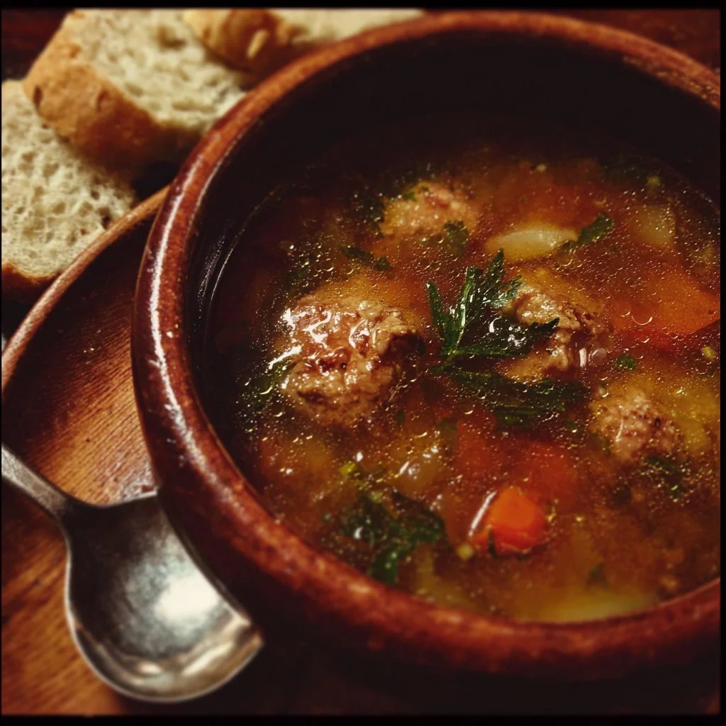 Bowl of traditional European peasant soup with fresh ingredients