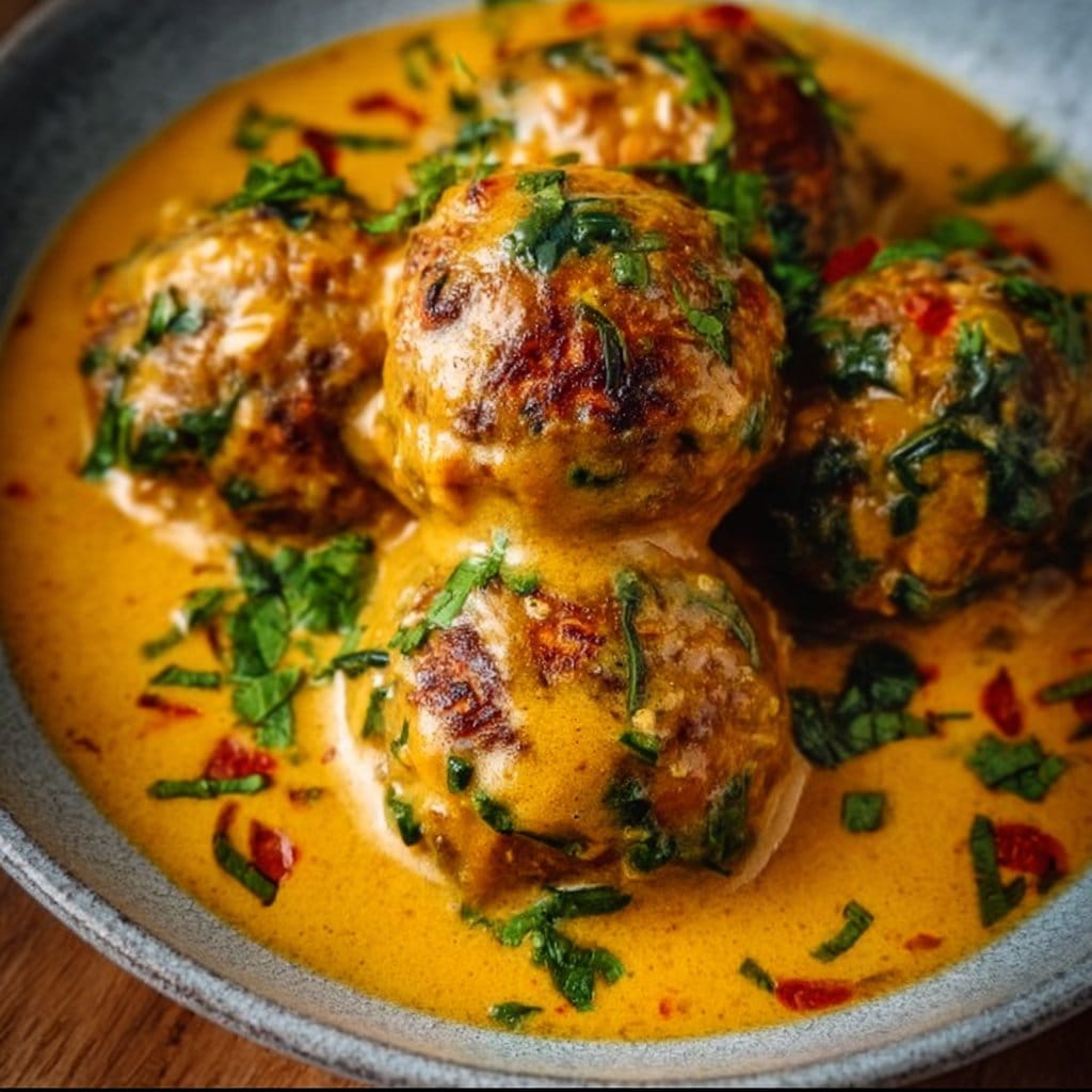 Vegan Lentil Dumplings in Creamy Curry Sauce