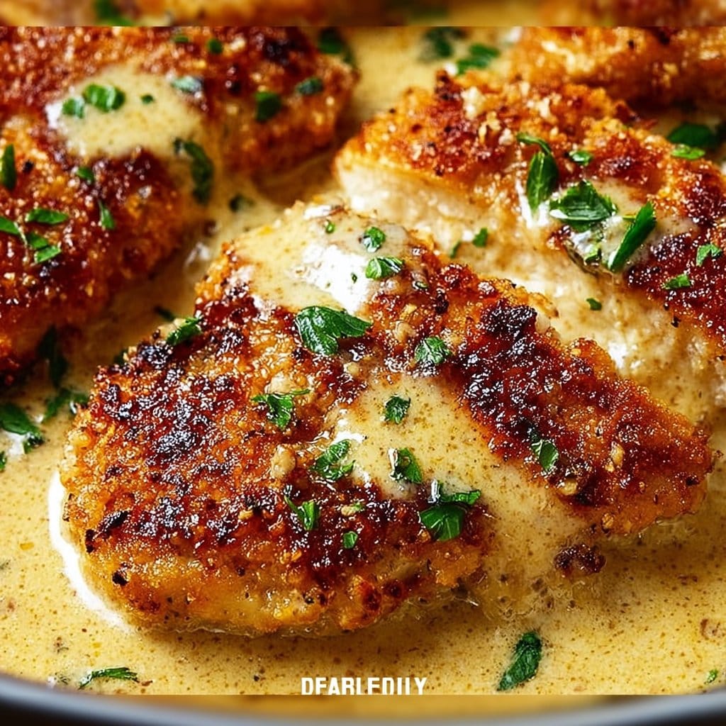 Crispy Parmesan Chicken with a Rich Garlic Sauce - Easy Dinner Idea