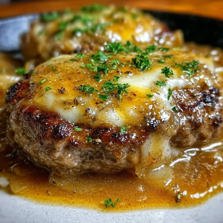 Amish Hamburger Steak Bake with savory gravy served in a dish