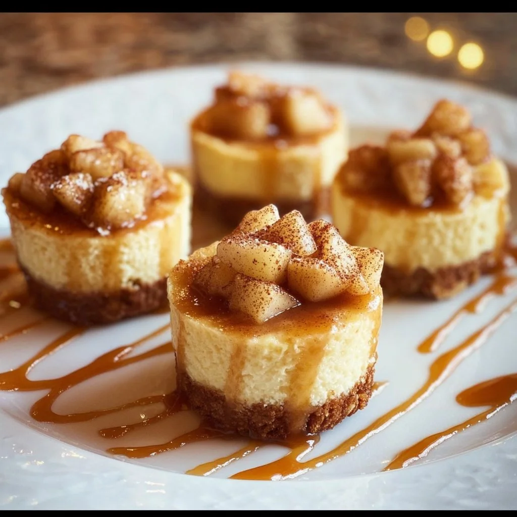 Delicious Apple Crisp Mini Cheesecakes topped with apple and crumb crust