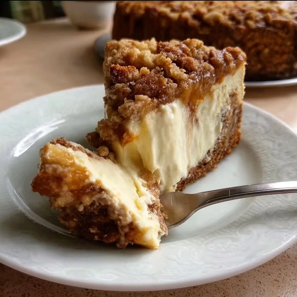 Delicious apple crumble cheesecake with a crunchy topping and creamy filling