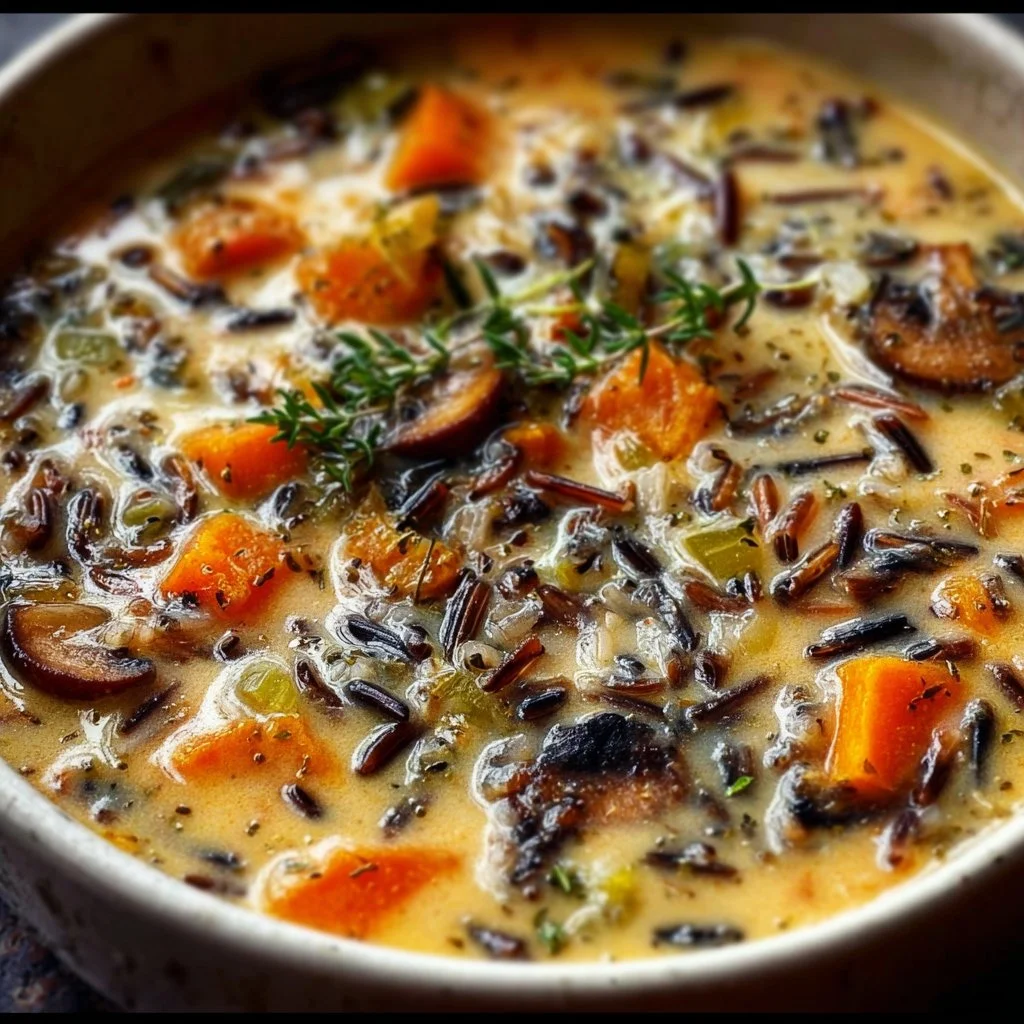 Bowl of Autumn Wild Rice Soup with fresh herbs and vegetables