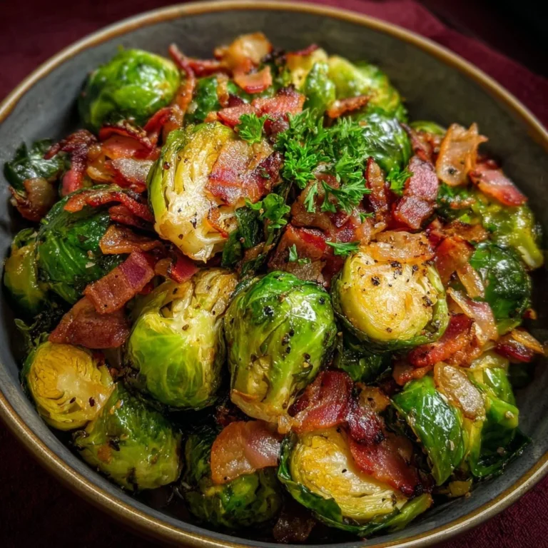 A delicious plate of Bacon Brussels Sprouts garnished with herbs.