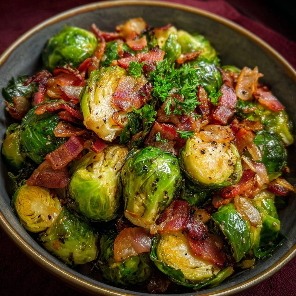 A delicious plate of Bacon Brussels Sprouts garnished with herbs.