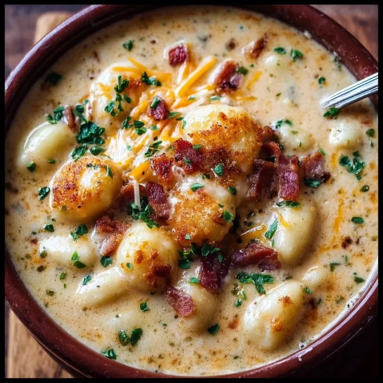 Bacon Cheddar Gnocchi Soup in a bowl topped with crispy bacon and cheese