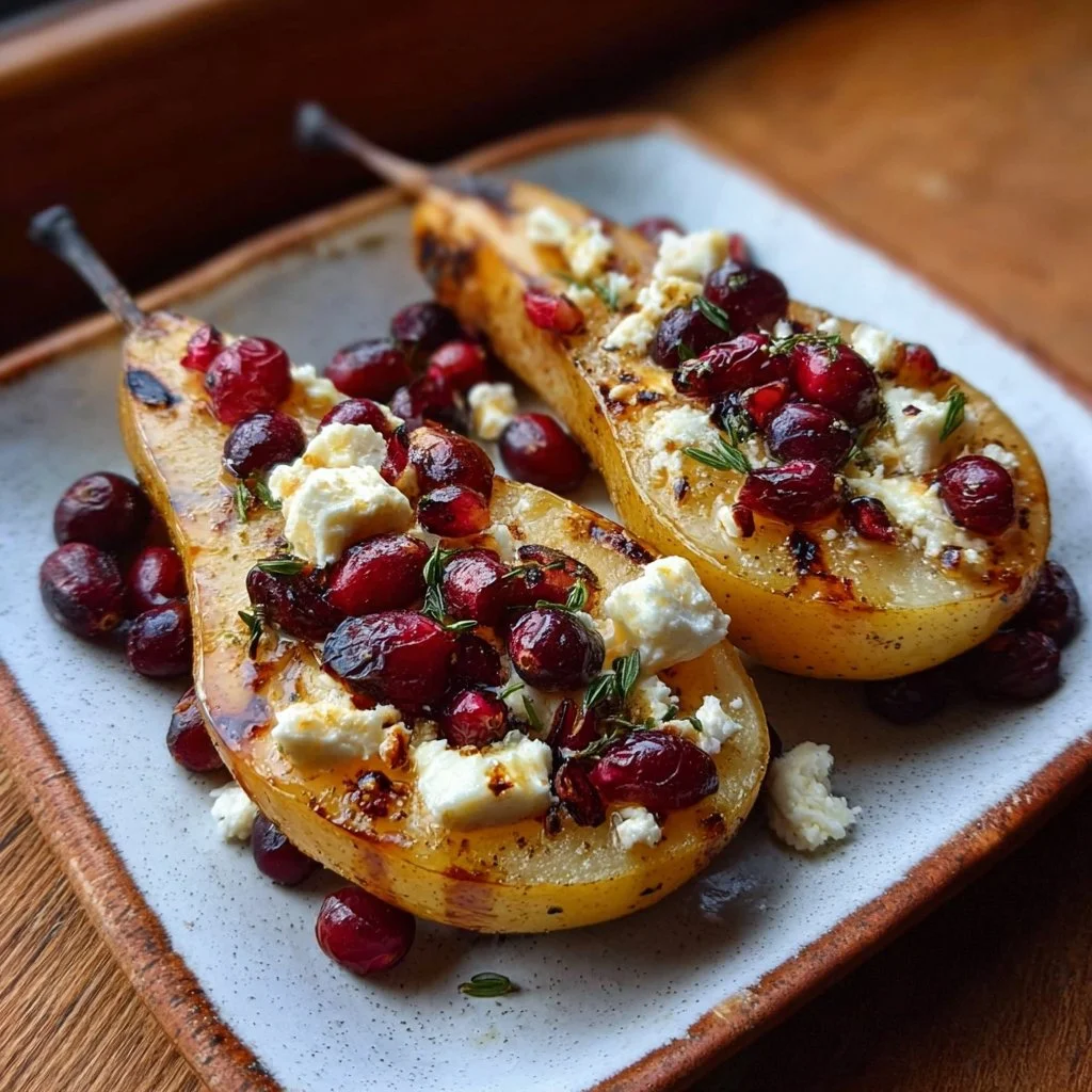Baked pears topped with feta cheese, honey, and cranberries on a plate.