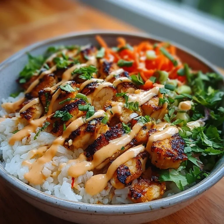A delicious Bang Bang Chicken Bowl topped with fresh vegetables and spicy sauce.