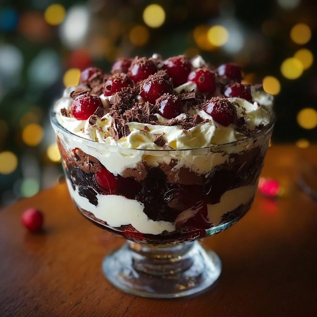 Delicious Black Forest Trifle dessert with layers of chocolate and cherries