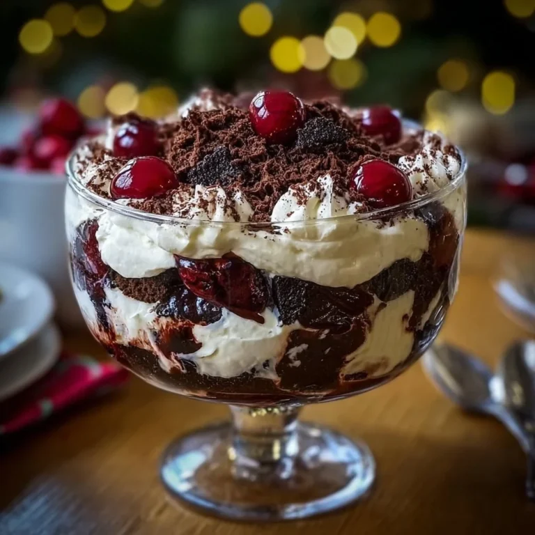 Delicious Black Forest Trifle dessert with layers of chocolate, cherries, and cream.
