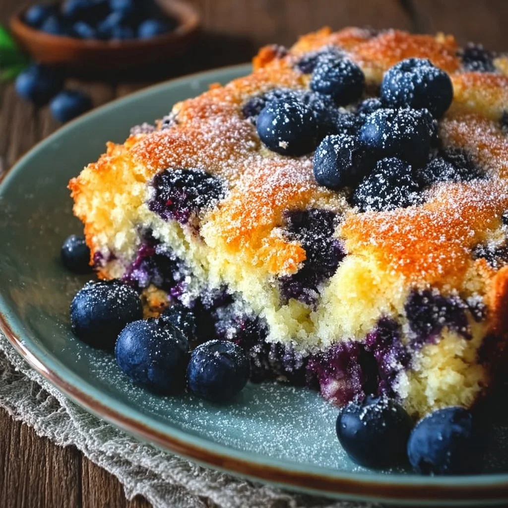 Delicious blueberry breakfast cake topped with fresh blueberries and icing.