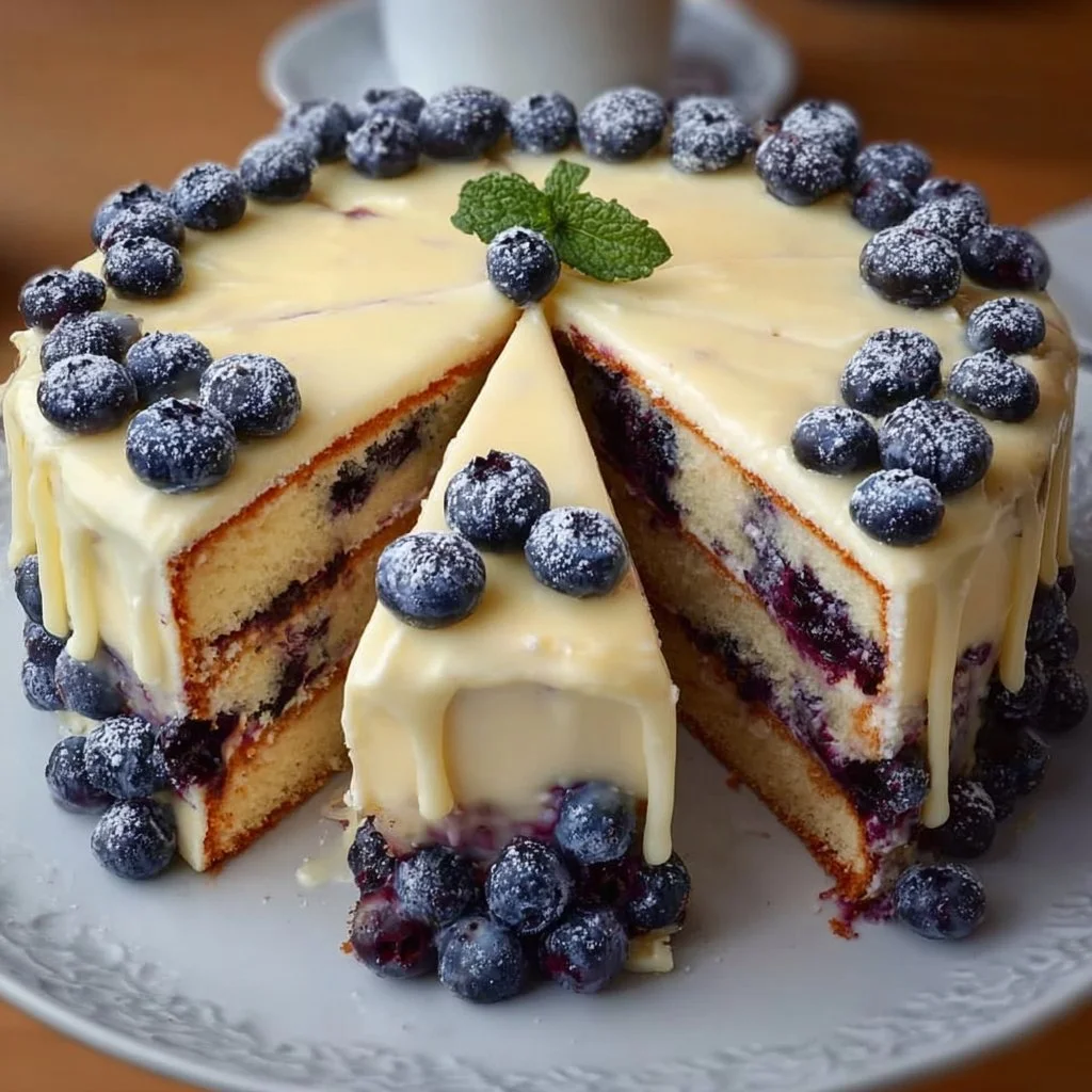 Delicious blueberry layer cake with fresh blueberries and cream frosting