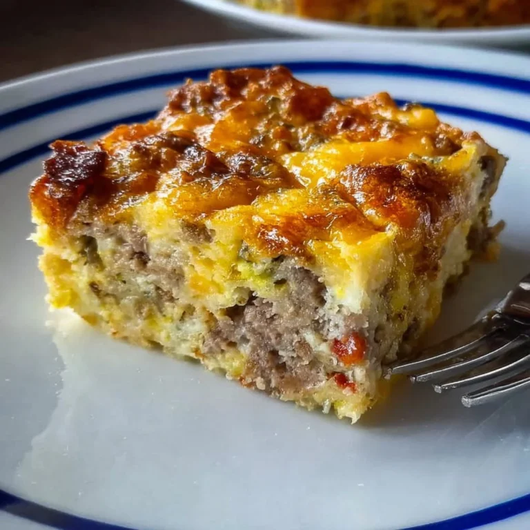 A delicious homemade breakfast casserole with eggs, cheese, and vegetables.